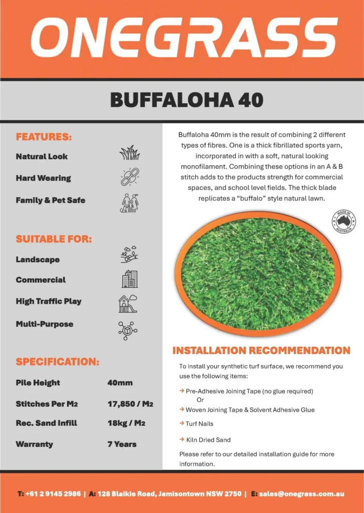 Product specification sheet for OneGrass Buffaloha 40 synthetic turf, featuring a 7-year warranty and 40mm pile height