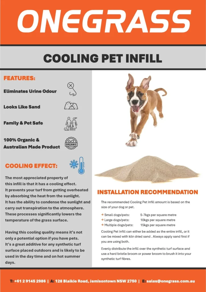 Spec sheet for OneGrass Cooling Pet Infill, a 100% organic Australian-made product that eliminates urine odour