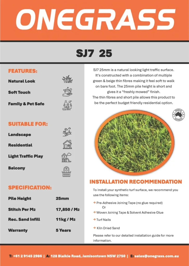 Spec sheet for OneGrass SJ7 25mm synthetic turf, a natural-look residential surface with a 5-year warranty.
