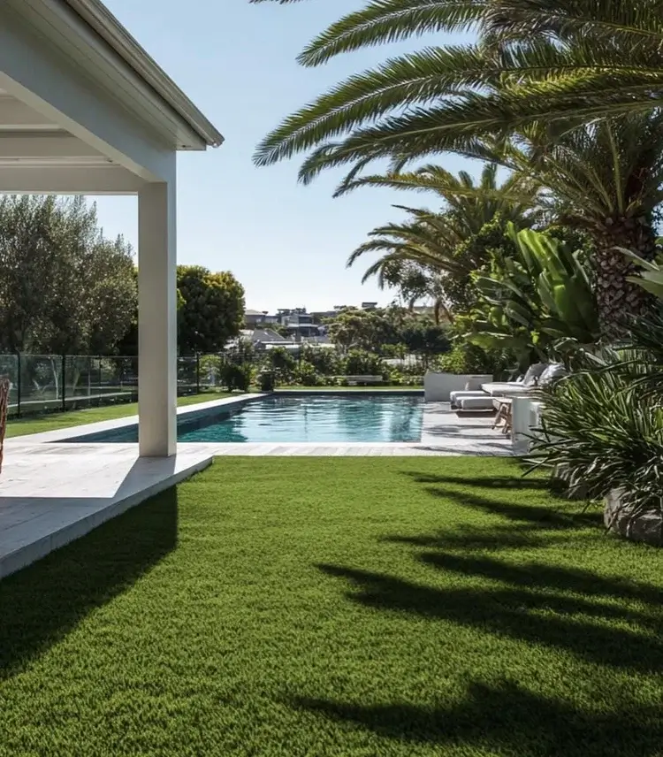 Tropical poolside garden featuring a lush OneGrass synthetic turf lawn, palm trees, and a modern white cabana