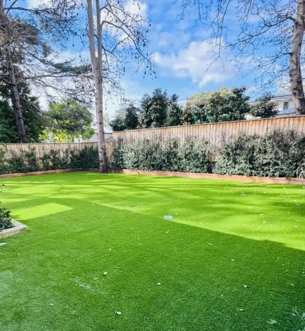 Vibrant OneGrass synthetic turf provides a lush, low-maintenance lawn for a residential backyard