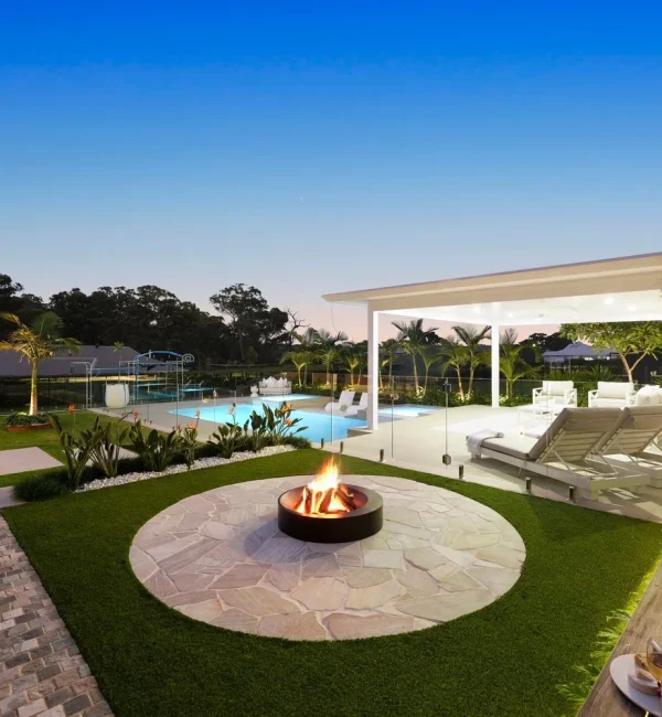 Luxury poolside entertaining area featuring OneGrass synthetic turf, a stone fire pit, and a modern white cabana