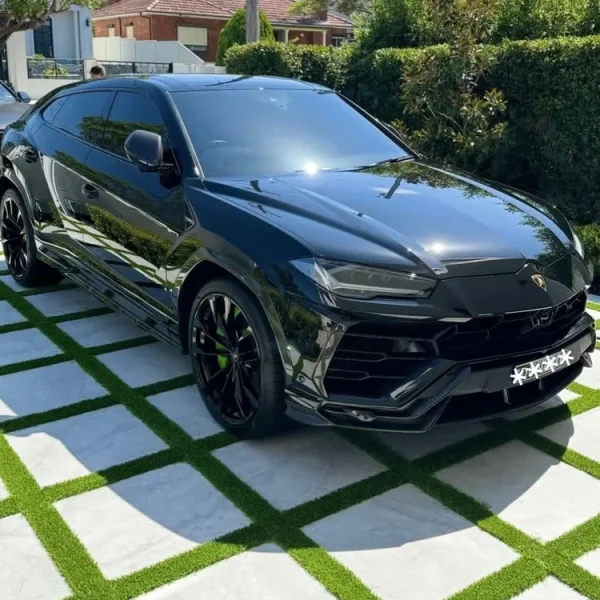 OneGrass synthetic grass strips between modern driveway pavers in front of a luxury car