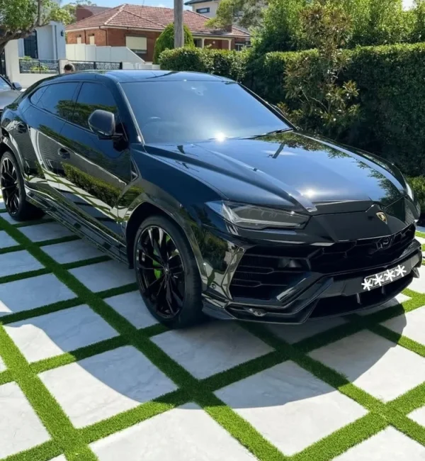 OneGrass synthetic grass strips between modern driveway pavers in front of a luxury car
