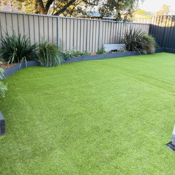 OneGrass premium synthetic turf installed in the backyard with garden edging and native plants