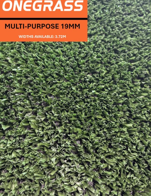 Close-up view of OneGrass Multi-Purpose 19mm synthetic turf, showing its dense green texture and 3.72m width.