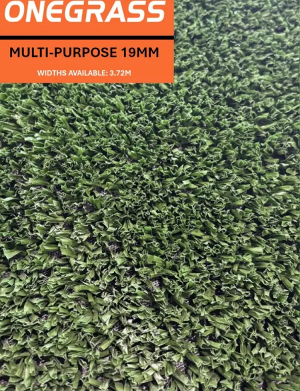 Close-up view of OneGrass Multi-Purpose 19mm synthetic turf, showing its dense green texture and 3.72m width.