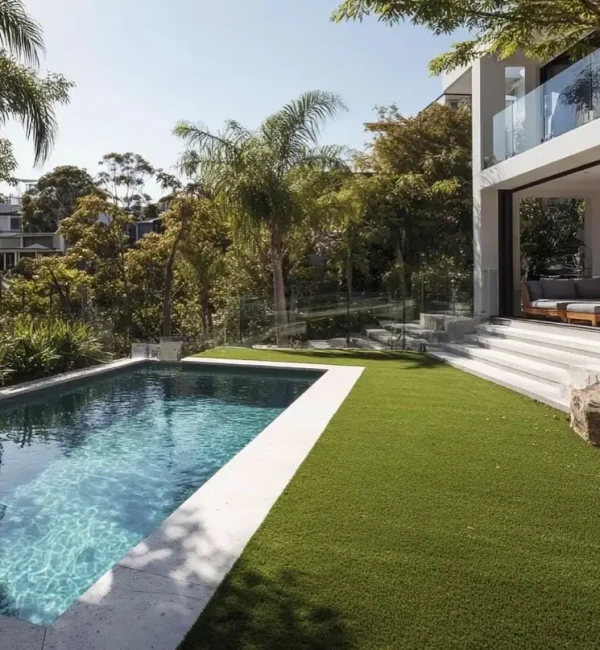 Lush OneGrass synthetic turf provides a pristine, level lawn for a modern multi-level home with a swimming pool