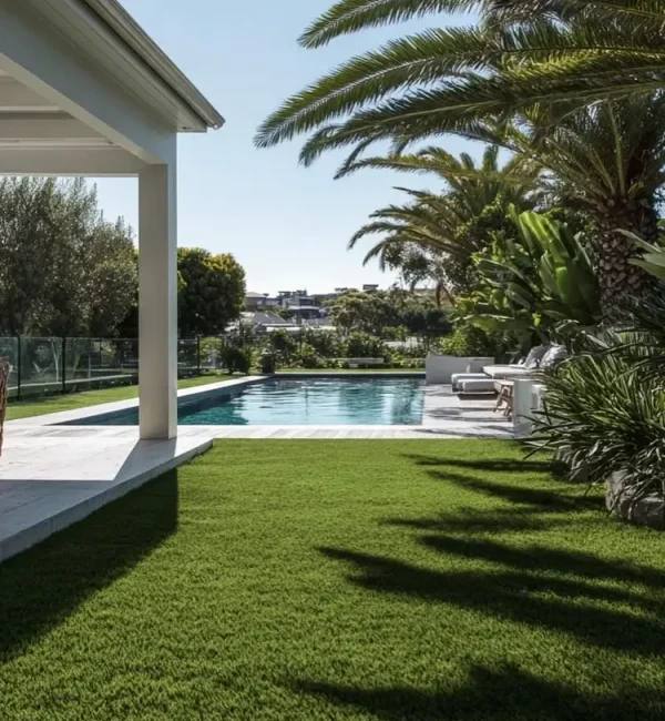 Tropical poolside garden featuring a lush OneGrass synthetic turf lawn, palm trees, and a modern white cabana
