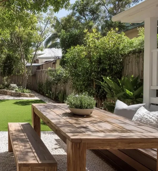 A rustic timber dining table and bench set sits on a white gravel area overlooking a lush OneGrass synthetic turf lawn