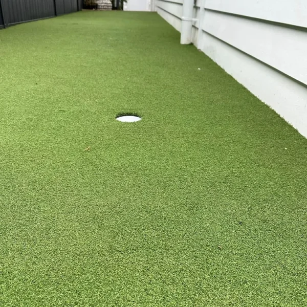 Premium OneGrass synthetic turf professionally installed in a narrow Australian residential side courtyard