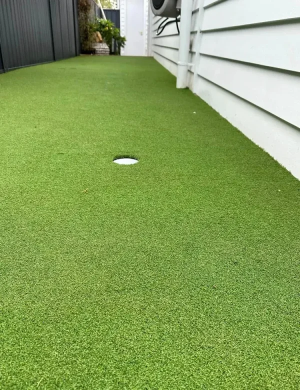 Premium OneGrass synthetic turf professionally installed in a narrow Australian residential side courtyard